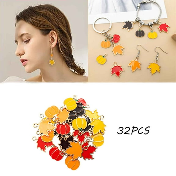 HaoXun 32 Pcs Fall Halloween DIY Craft Accessories - Maple Leaf Pumpkin Charms with Zinc Alloy Clasps for Jewelry Making & Costume Decor