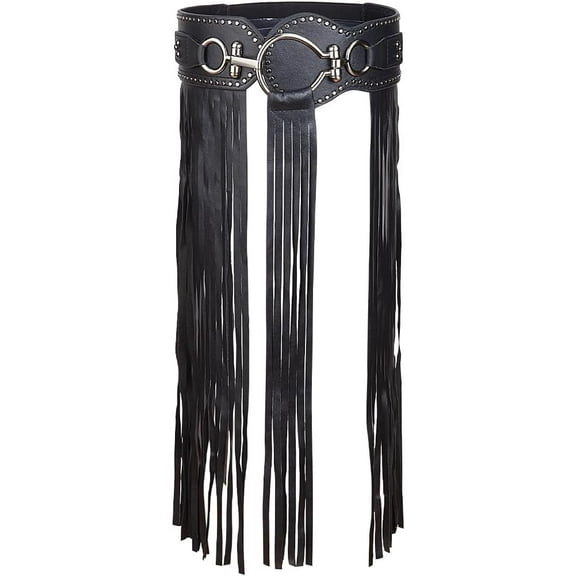 PU Leather Tassel Belt Black Vintage Punk Wide Long Fringe Fashion Elastic Adjustable Women Jeans Skirt Boho Waistband Waist Belts for Halloween Party Dance Cosplay Costume Dress