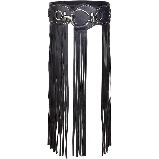 Cinturón de cuero PU con borlas, negro, vintage, punk, ancho, largo, con flecos, elástico, ajustable, para mujer, vaqueros, falda, estilo bohemio.