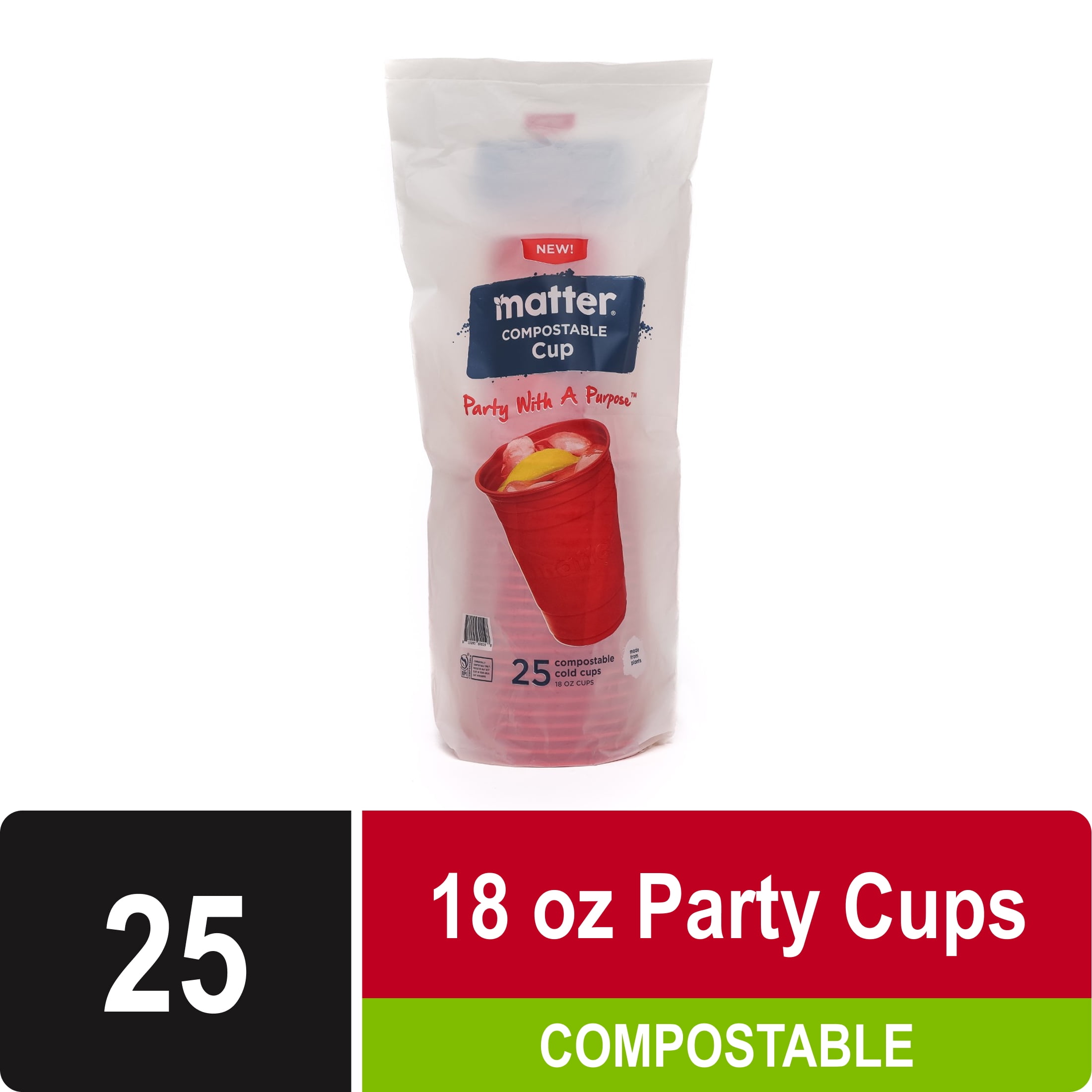 (3 pack) Matter Compostable Red Disposable Cups, 18 oz, 25 Count