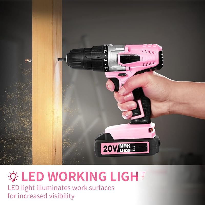 20V MAX Lithium lon Cordless Drill Set, Power Drill Kit with Battery and Charger, 3/8-Inch Keyless Chuck, Variable Speed, 16 Position and 22pcs Drill Bits (pink)
