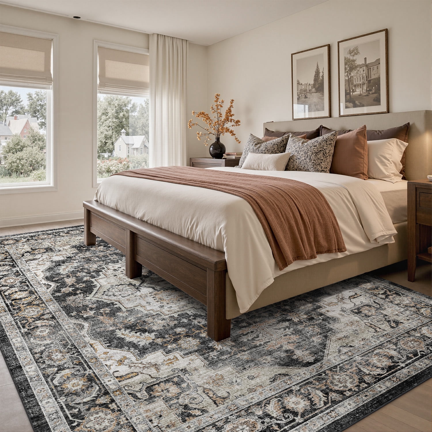 FEELHOME 9'x12' Area Rug Machine Washable Soft Vintage Distressed Non Slip Carpet for Living Room Bedroom Dining Room Black