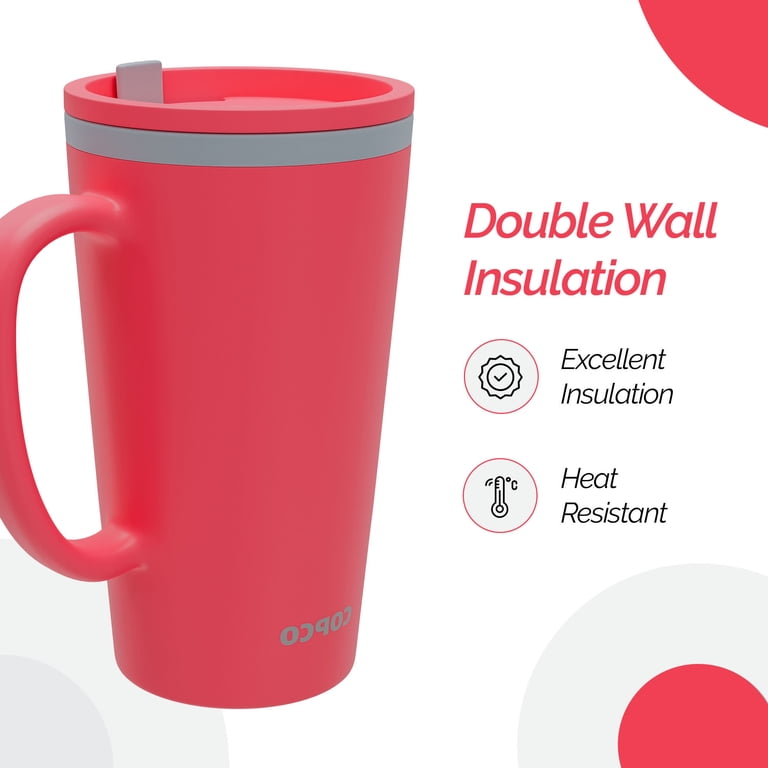Copco Cone 16oz Insulated Travel Mug with Handle, Double Wall, Slide-Closure Lid, BPA-Free, Microwave & Dishwasher Safe (Coral Red)