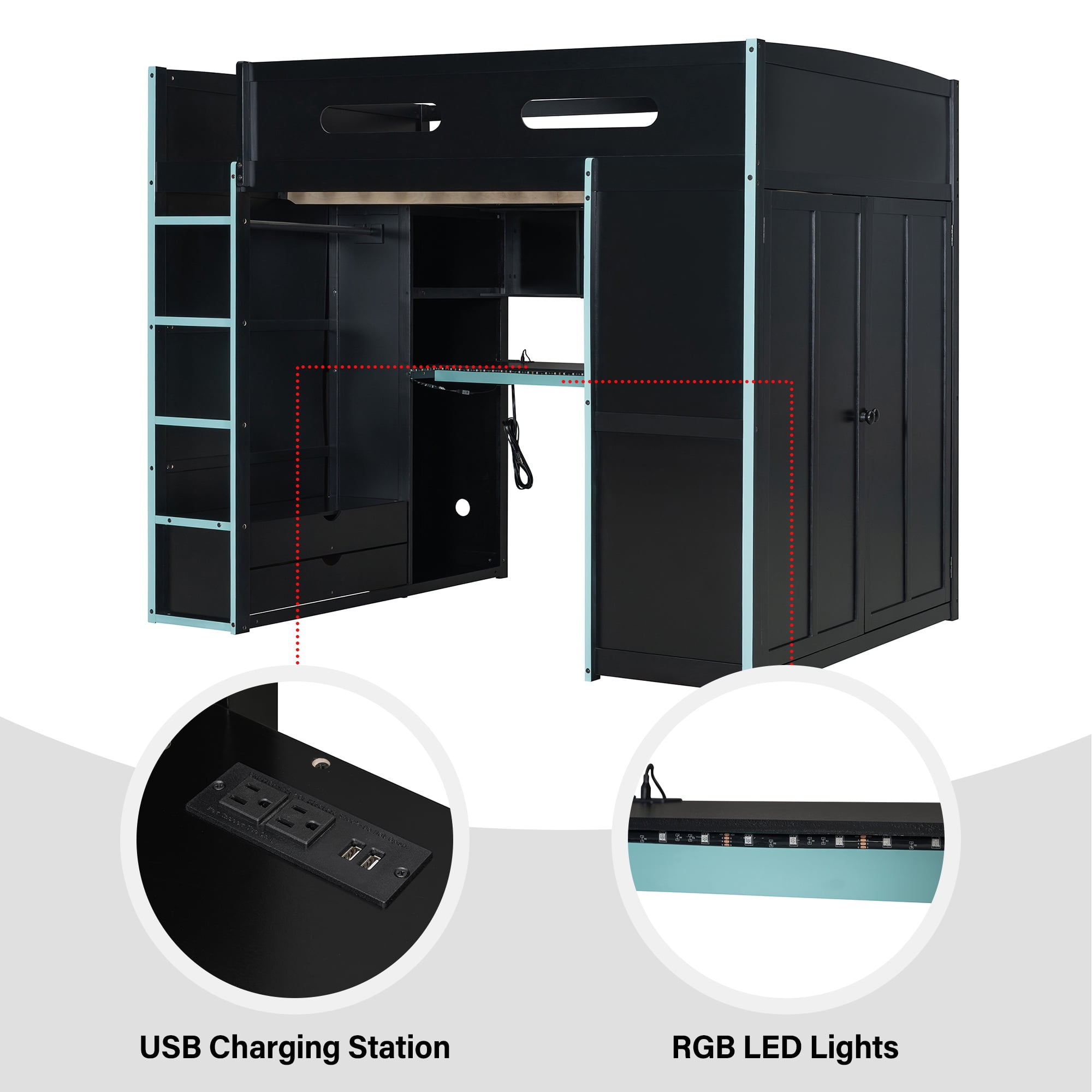 Aukfa Full Size Gaming Loft Bed with Desk, Wardrobe & RGB LED Lights – Esports Loft Bed Frame with Charging Station, Storage Shelves, Space-Saving, Blue