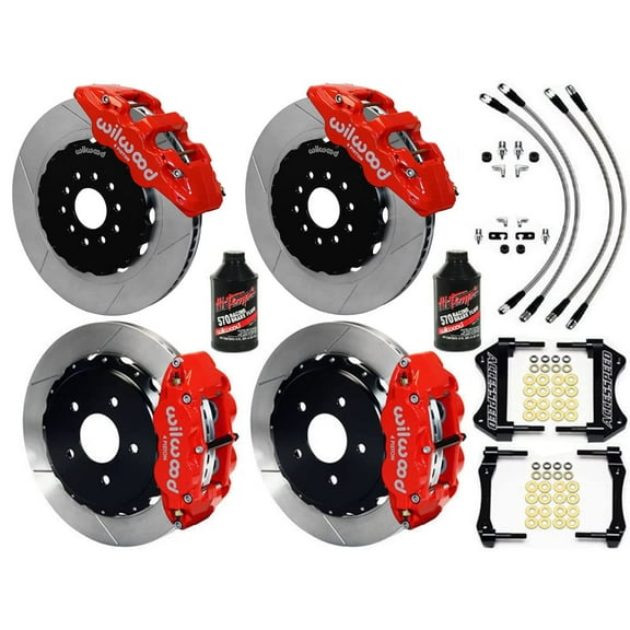 WILWOOD GLADIATOR JT 14 FRONT & REAR BIG BRAKE KIT WITH FREE BRAKE LINES & FLUID - SLOTTED ROTORS, RED CALIPERS, For 2020 2021 2022 2023 JEEP GLADIATOR JT