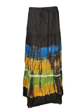 Mogul Womens Gypsy Hippie Chic Long Skirt Tie Dye Cotton Tiered Crinkle Summer Flirty Long Skirts S/M/L