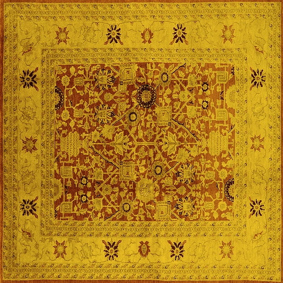Ahgly Company Machine Washable Indoor Square Oriental Yellow Traditional Area Rugs, 5' Square