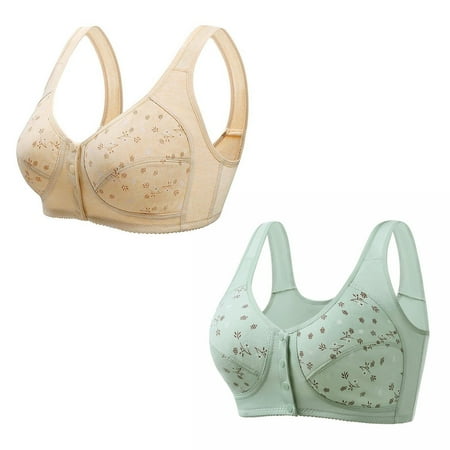 2PC Women Wireless Bras Comfort Back Support Floral Lace Bra Adjustable Wider Straps Full Coverage Lift Up Minimizer Bras Green 2 38C