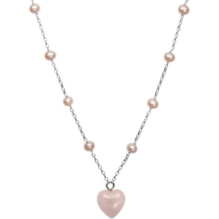 - Natural Pink Cultured Freshwater Pearl and Rose Quartz Heart Charm Chain Link Station Necklace,18