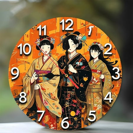 Japanese Geisha Kimono Wall Clock Decor 10-Inch Silent Wooden Wall Clock, Battery Operated (AA Batteries Not Included), Artistic Home Decor
