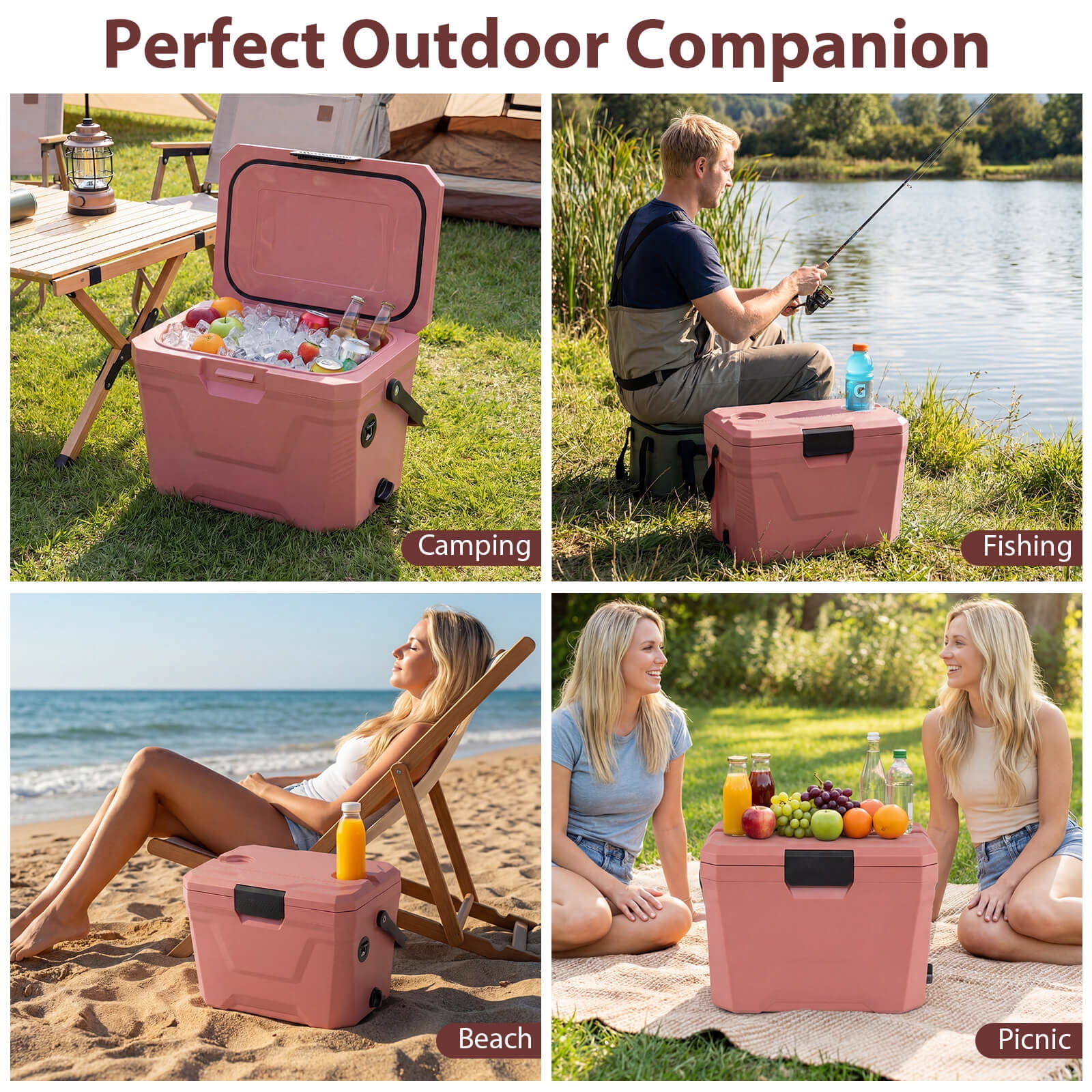 Costway 21 QT Insulated Portable Cooler, Hard Shell Ice Chest with 2 Cup Holders Pink