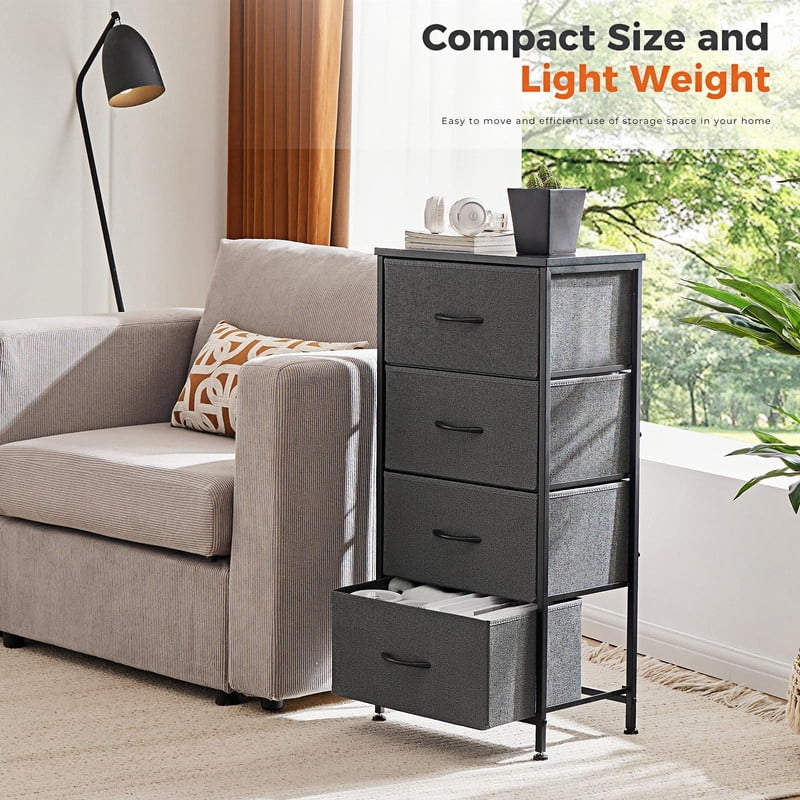 Kelno 4 Drawers Fabric Dresser Tall Chest of Drawers with Steel Frame Wood Top, Gray