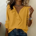 thumbnail image 2 of Khunlpohl 3/4 Sleeves Cotton Linen Tops for Women V Neck Ruffled Solid Color Clothes Casual Business Trendy Dressy Blouses, 2 of 8