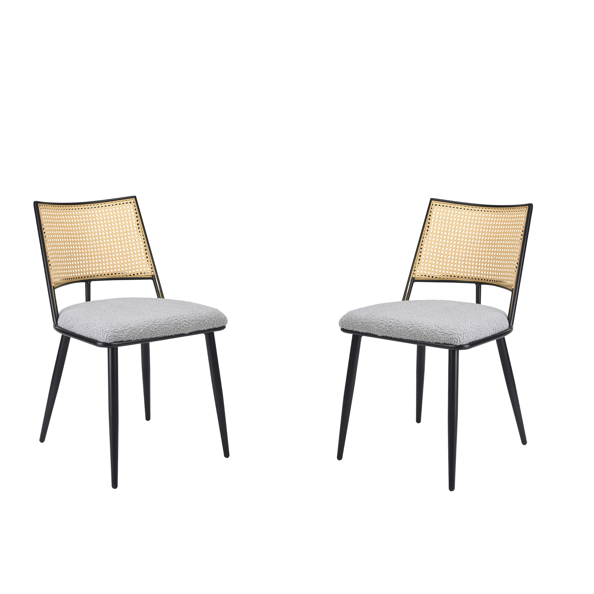 MAYEERTY Light Gray Dining Chairs Set of 2, Rattan Backrest, Metal Frame, Boucle Upholstery for Living Room