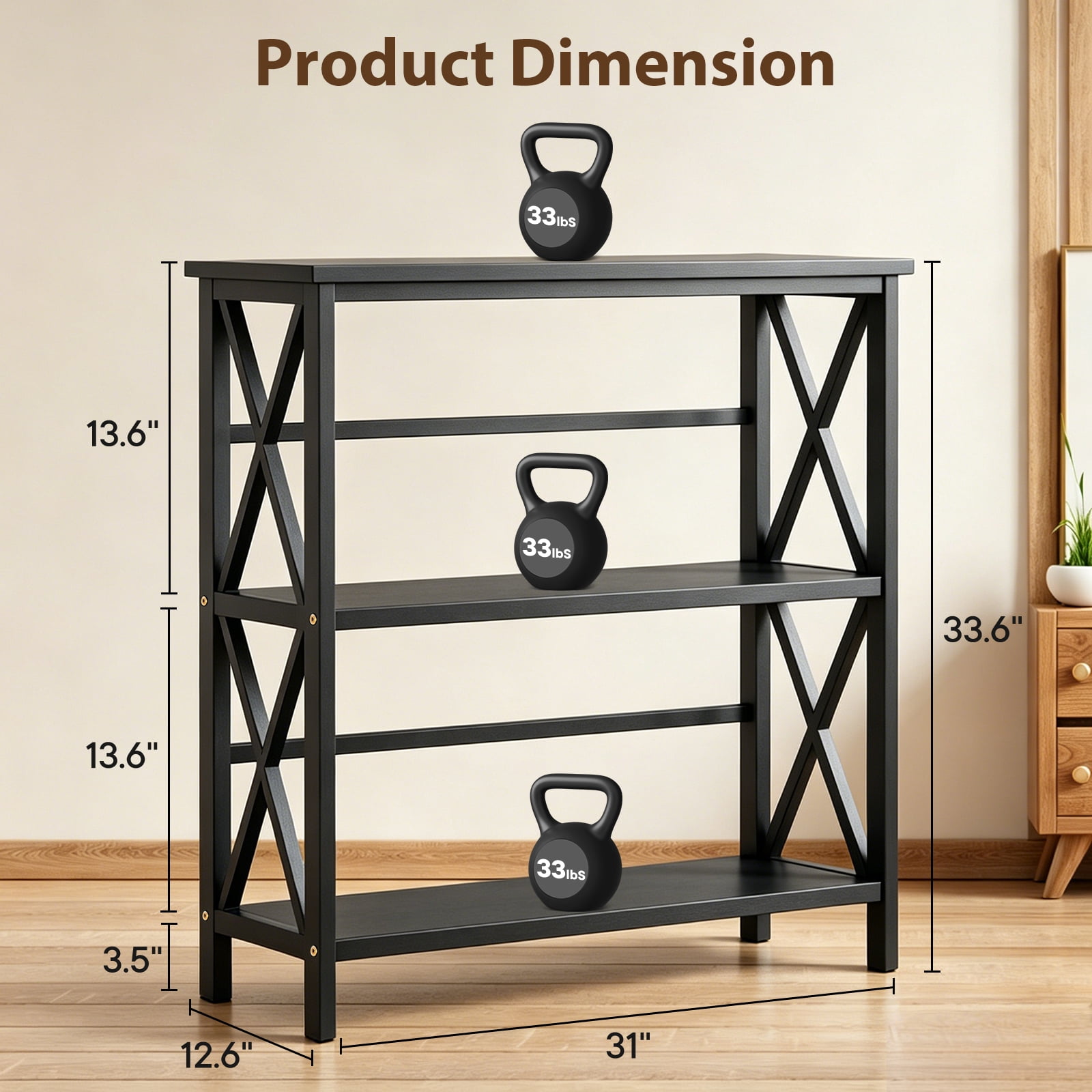 edx 3-Tier Metal Wall Mounted Bookshelf, Drill-Free Open Bookcase for Home Office/Study, Matte Finish Storage Shelves, Black