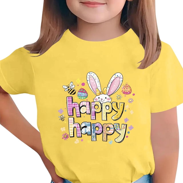 Manga Corta Crop Top para Niños Pascua Impresa Cuello Redondo Casual Tee 3-14 Años