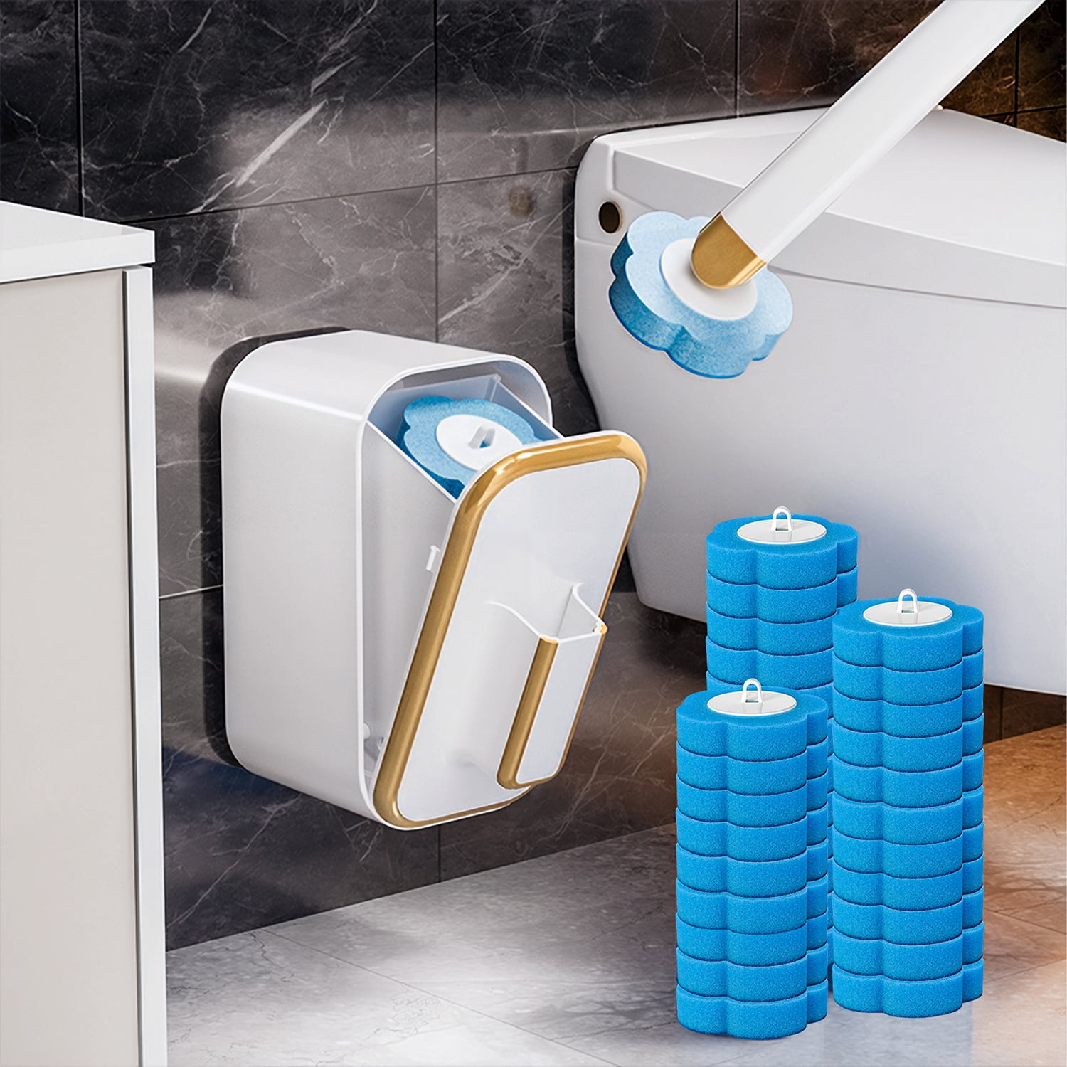 Belanttega 1Pcs Disposable Toilet Brush Cleaning System with 60pcs Refills Pads Replacement Heads, Toilet Cleaning Stick, Wall Mounted Toilet Wand Kit for Bathroom Toilet Brushes & Holders