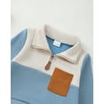 thumbnail image 4 of Kucnuzki 12 Months Infant Baby Boys Outfit Set 18 Months Kid Child Clothing Long Sleeves Color Block Pullover Sweatshirt Top Zipper Pocket Solid Color Pants Sets 2pcs Casual Clothes Blue, 4 of 7
