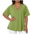 thumbnail image 2 of Olyvenn Plus Size T-shirts for Women Loose Fit V Neck Side Split Shirts Comfy Short Sleeve Plain Blouse Tee 2026 Spring Fashion Top Army Green L, 2 of 7