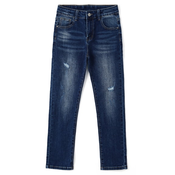 KIDSCOOL SPACE Big Boys Jeans,Kids Elastic Band Inside Ripped Holes Denim Pants,Deep Blue,9-10 Years