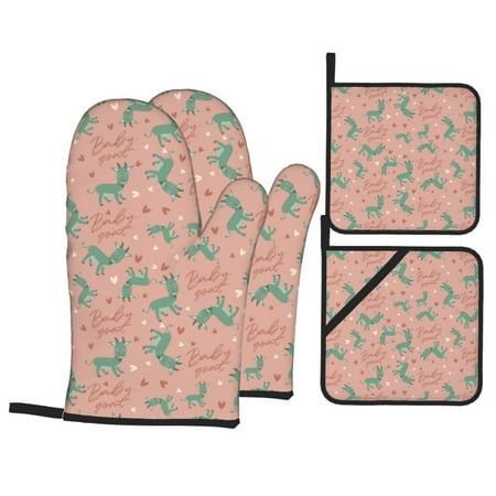 

Oven Mitts and Pot Holders 4 pcs Set Abstract Cartoon Cute Goat Green Heat Resistant Pot Holders Oven Mitts for kitchen Non-Slip Hanging Loop Oven Glove Potholders for Baking Cooking