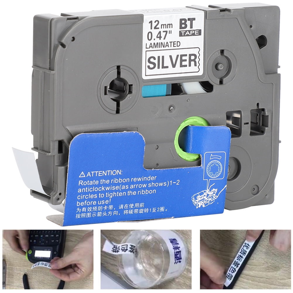 Tebru Label Tape Ribbon for Brother Printer Sticker Printing Paper(12mm black on matte silver