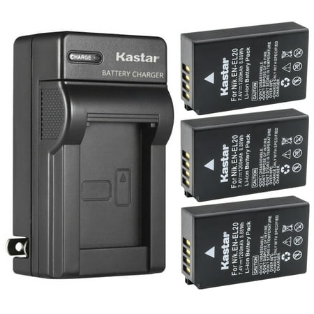 Kastar 3-Pack Battery and AC Wall Charger Replacement for Nikon EN-EL20 Nikon EN-EL20a Battery Nikon MH-27 MH-27a Nikon MH-29 MH-29a Charger Nikon 1 J3 Nikon 1 S1 Nikon 1 V3 Nikon DL24-500 Camera