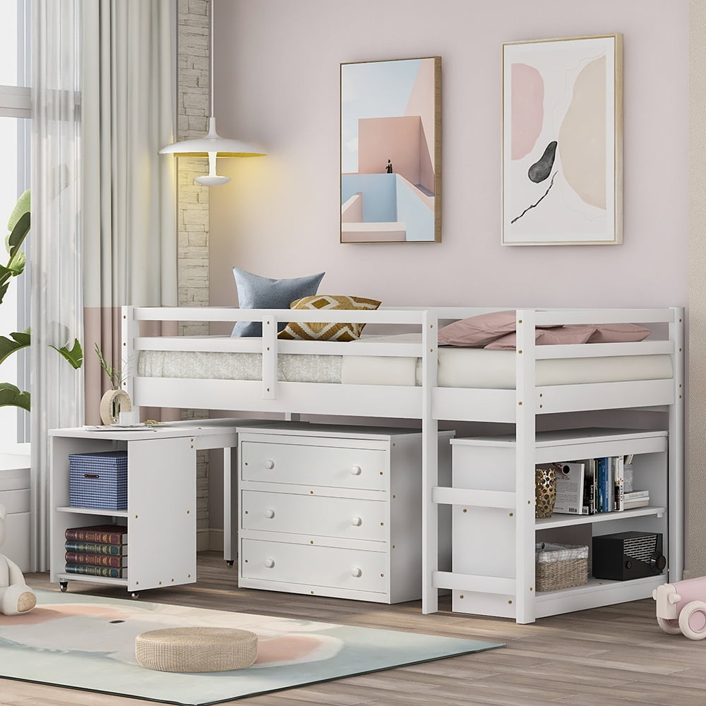 Kepooman Twin Size Modern Wooden Low Study Loft Bed with Cabinet & Rolling Desk, 78.3" x 42.5" x 44.5", White Kepooman Twin Size Modern Wooden Low Study Loft Bed with Cabinet & Rolling Desk, 78.3" x 42.5" x 44.5", White