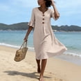 thumbnail image 6 of Smsaxvxz Women's Summer Dresses Fashion Solid Button V-neck Ruffle Short Sleeve Casual Loose Beach Vacation Midi Dress Beige 2XL, 6 of 9