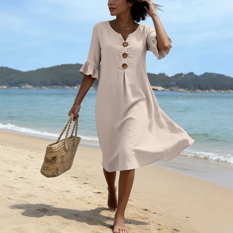 elegant tunic dresses nerohusy Summer Dresses for Women Ruffle Sleeves Button Tunic Dress Elegant  Dressy Casual Pleated V Neck Midi Dress Beach Vacation Beige,XXL