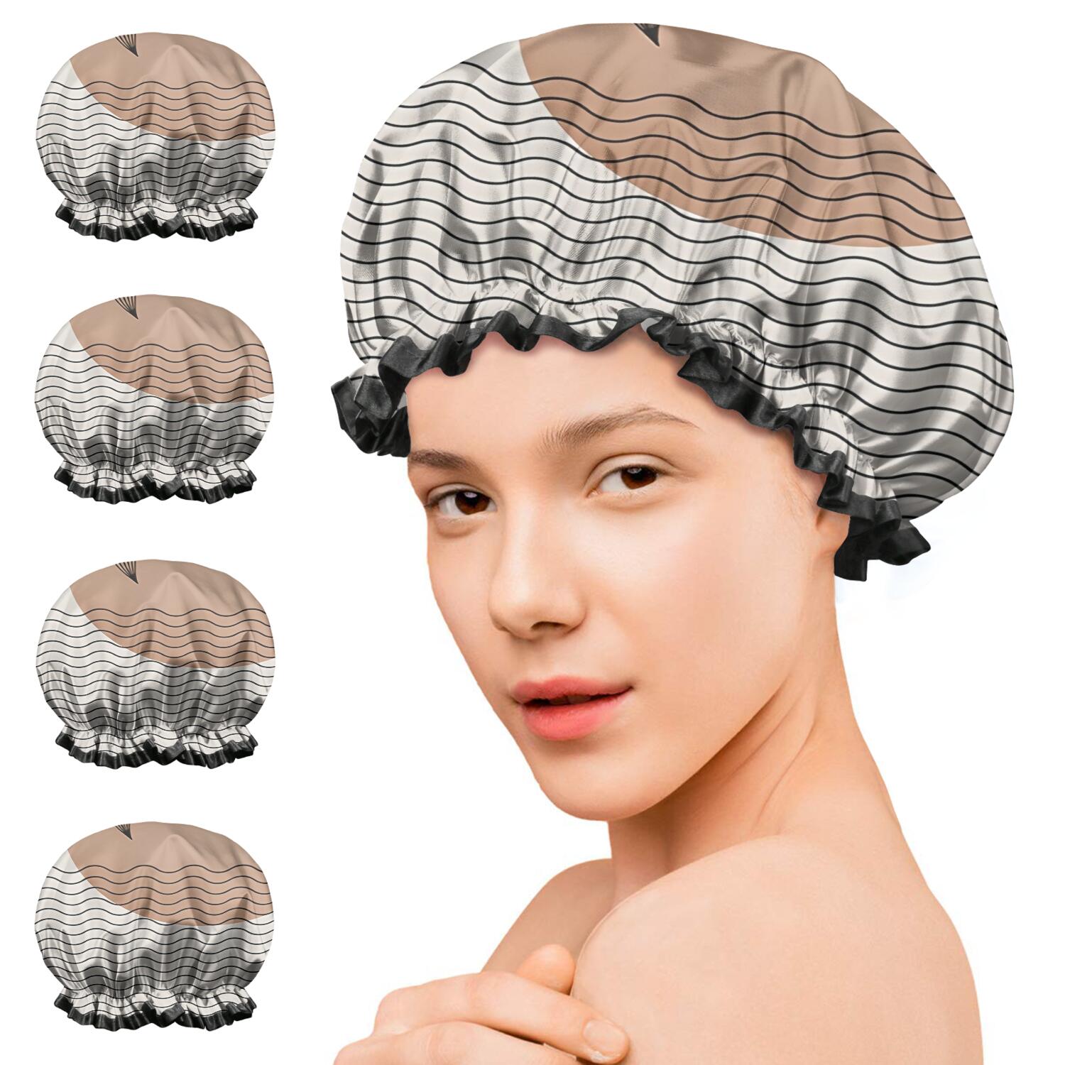 Shower Caps,Brown Boho Abstract and Plant Pattern Waterproof Shower Cap for Women 4 Pieces,Double Reusable Hair Cover for Shower PEVA Elastic Stretch Hem