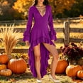 thumbnail image 3 of KICILVS Halloween Costumes for Women Adult Witch Dress Solid Color Long Bell Sleeve Ruffled High Low Hem Party Gown Purple, 3 of 9