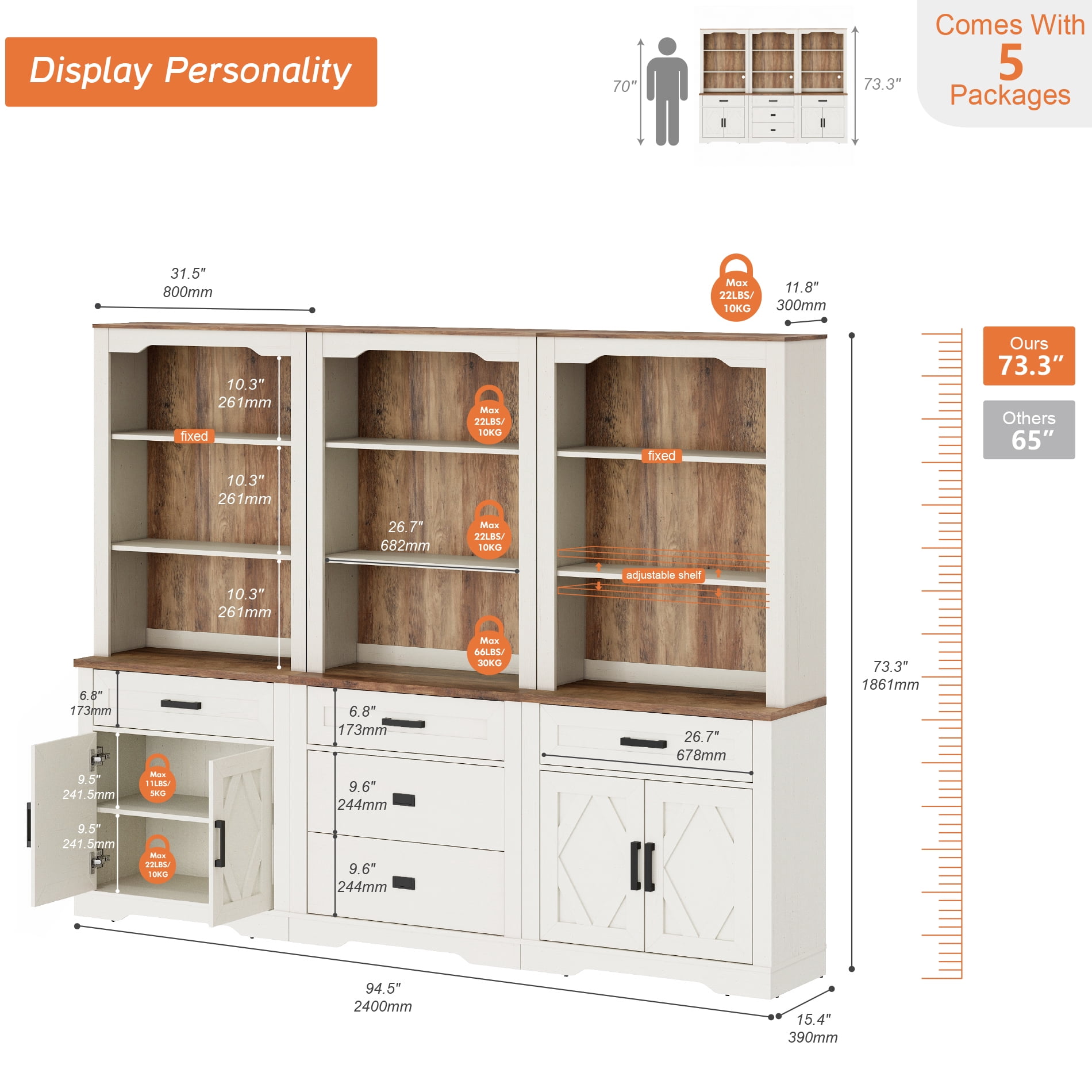 WAMPAT 3 Column Bookcase with Drawer,73.3" Tall Floor Standing Bookshelf,Modern Farmhouse Display Storage Cabinet with Adjustable Shelves,Cream White