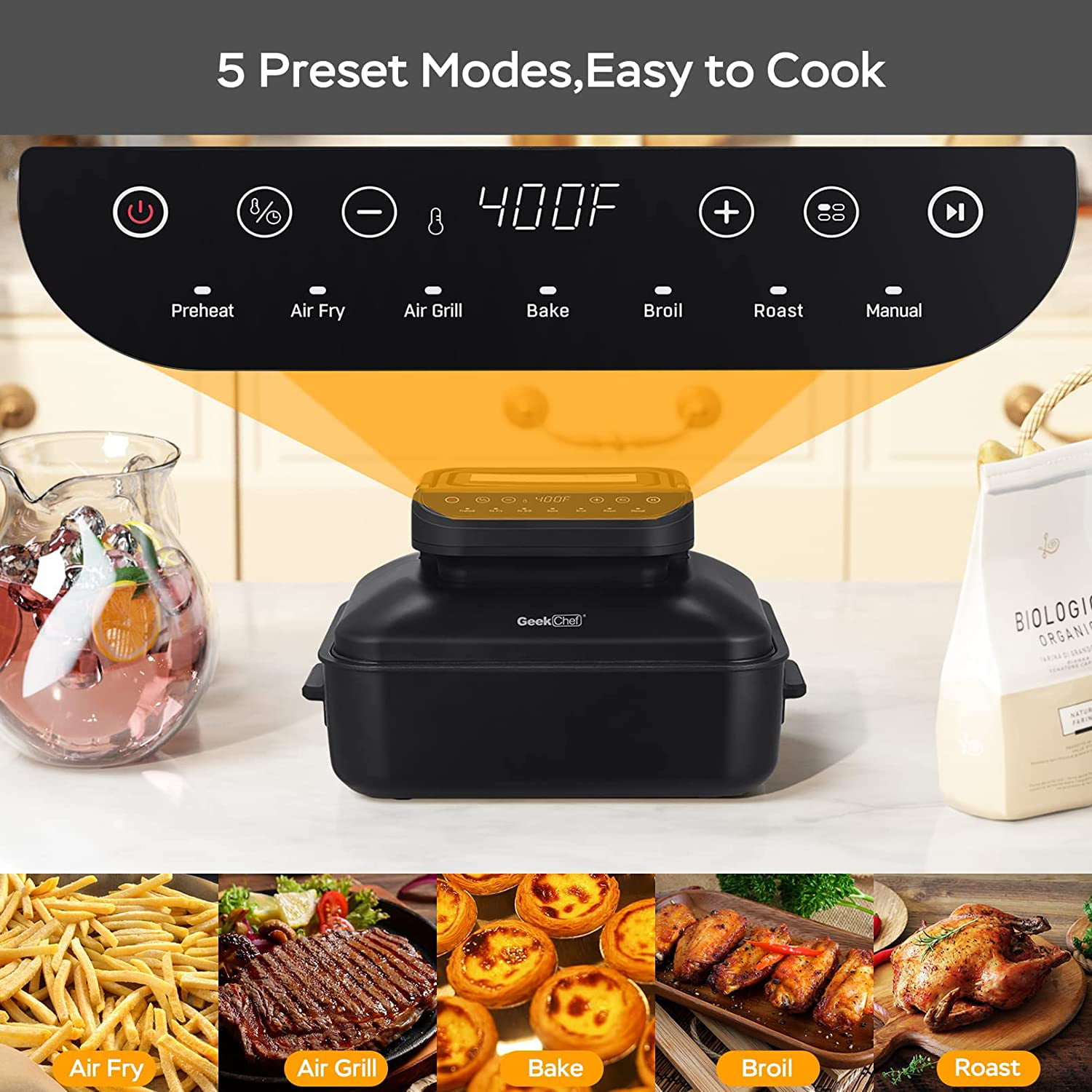 Geek Chef Air Fryer Lid & Electric Indoor Grill Combo, 7-in-1 Air Fryer  Oven, Countertop Grill & Griddle, whit Grill, Broil, Roast, Bake, Crisp