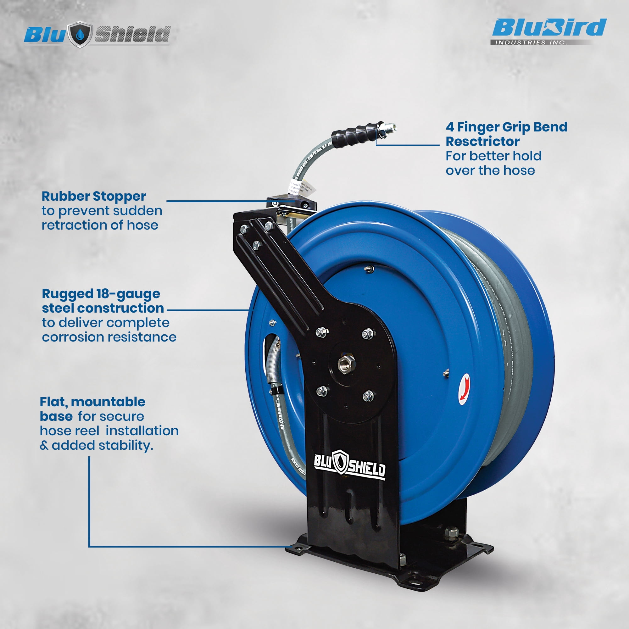 BluShield Pressure Washer Hose Reel with Aramid Braided Hose, 4100 PSi 6' Lead-in Hose, NPT, Lighter, Stronger, Flexible, 1-Year Warranty (3/8" x 100' Non Marking + Coupler Plug)