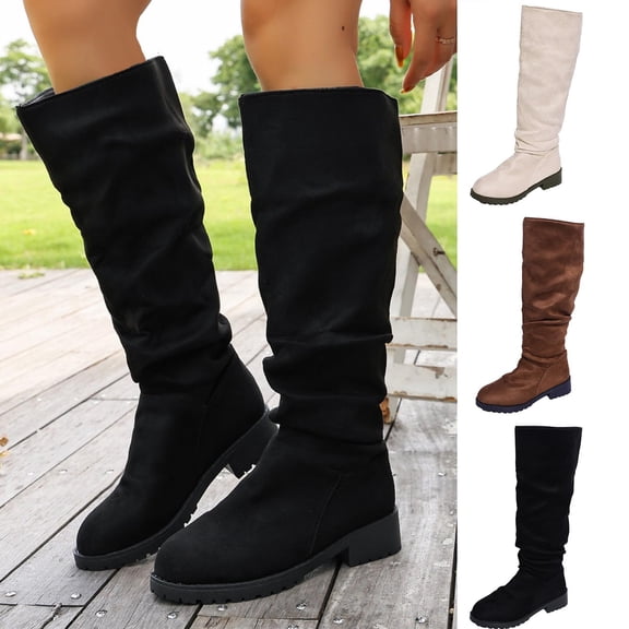 FRSASU Women's Fashion Casual Winter Style Round-Toe Thick-Heeled Low-Heeled Mid-Calf Boots White