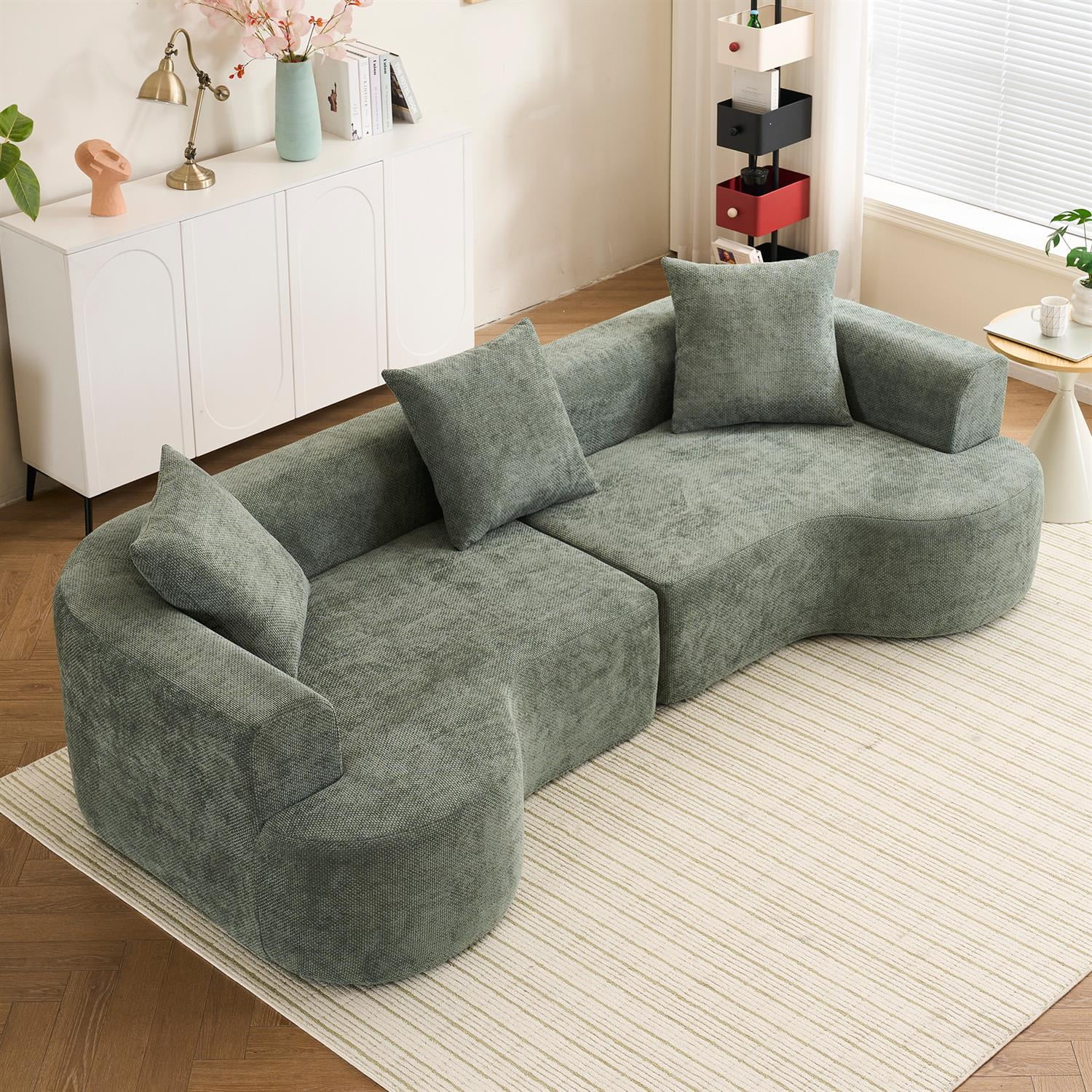 Demi Bonn 106" Moon Shaped Modern Sofa Bed, Deep Seat Cat Waist Sectional, Chenille Fabric Compressed Sponge Couch for Living Room, Green