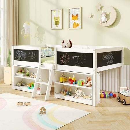 Costway Twin Size Low Loft Bed with Ramp Ladder & Bookcases Full-length Safety Guardrail - White