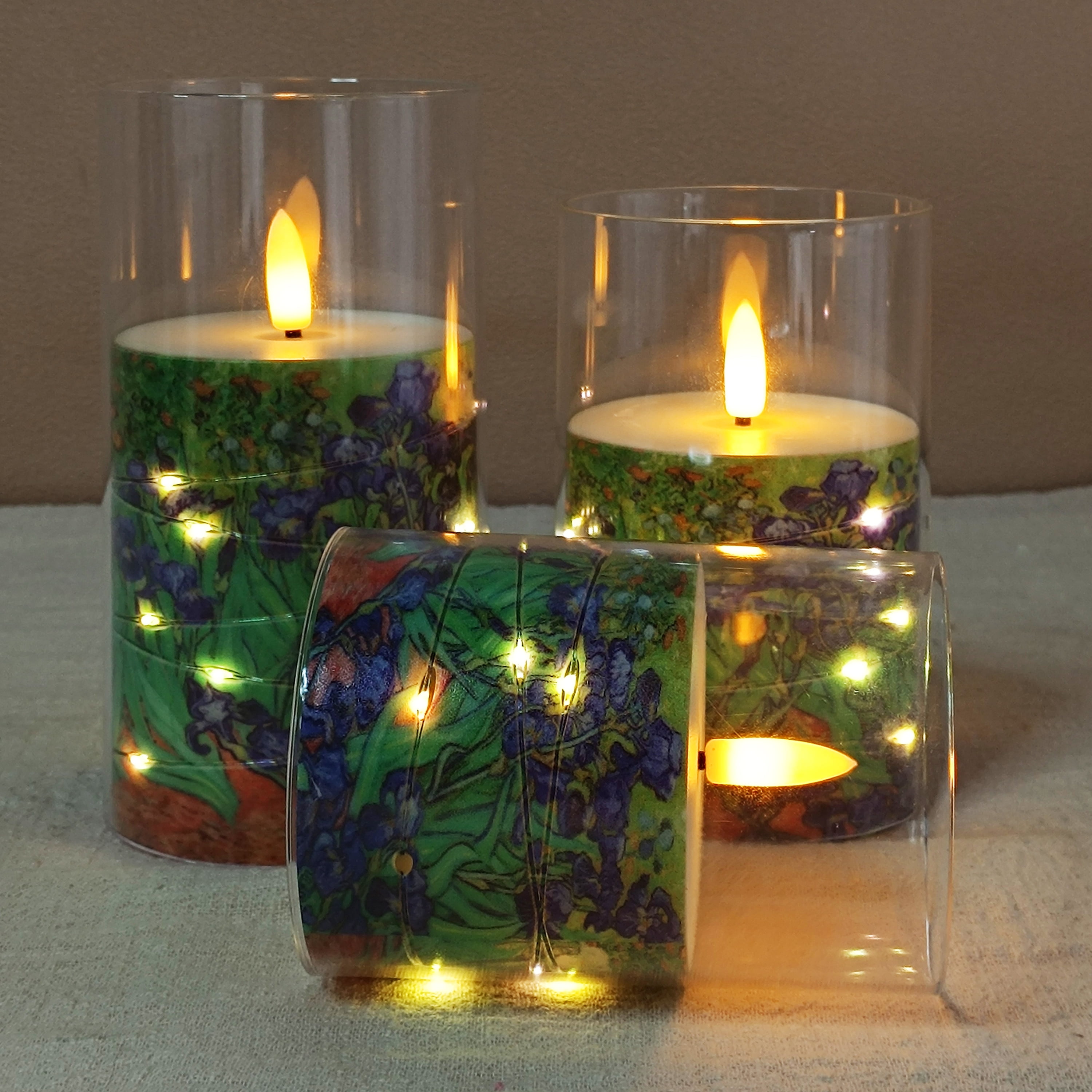 Flameless Candles with String Lights LED Candle Battery Operated Candles with Remote Control,Printed Pillar LED Candles for Wedding Holiday Party Table Home Decorations,Set of 3