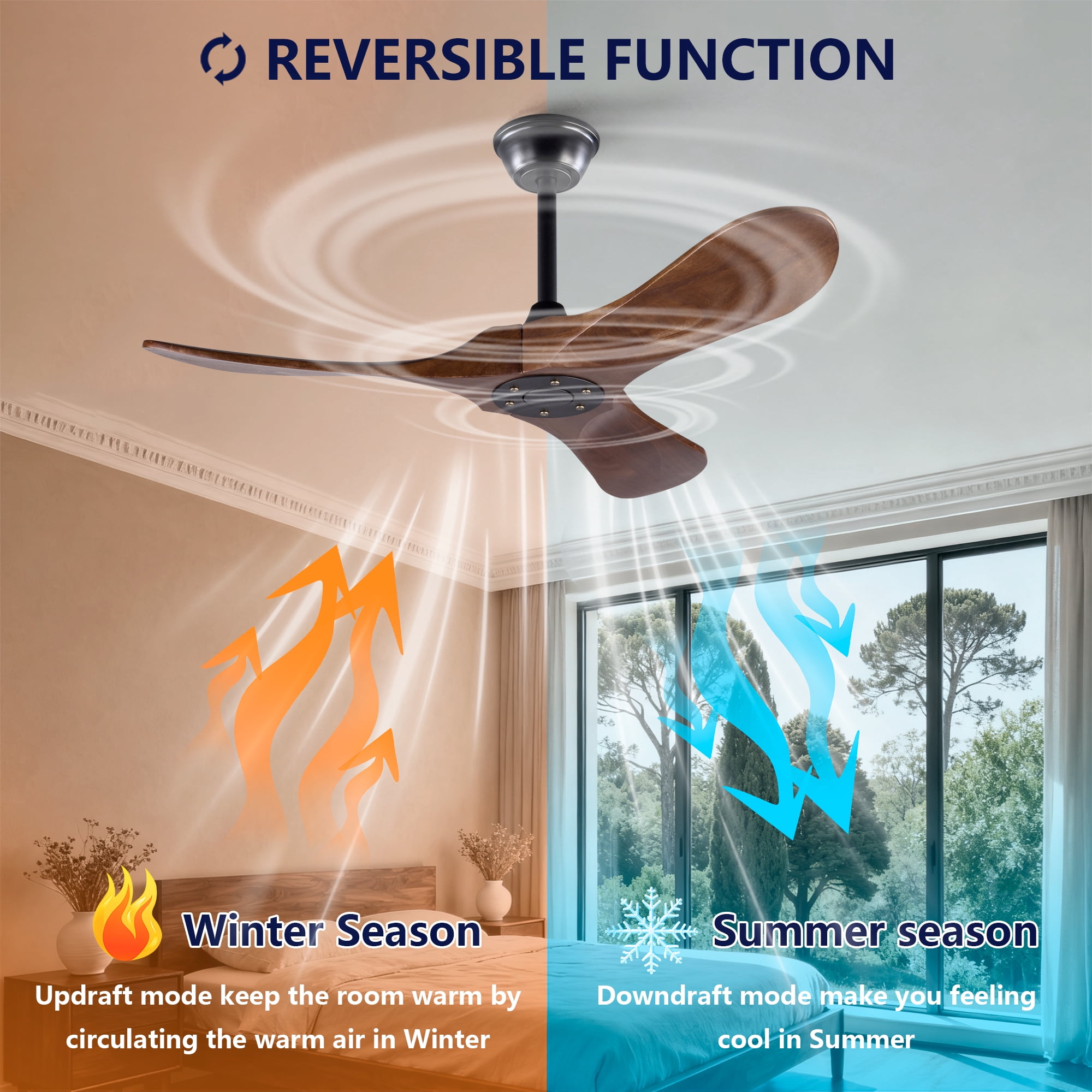 Ceiling Fan No Light, 42 Inch 3 Blades Solid Wood Outdoor Fan with Remote Control for Patio Living Room Bedroom, Black Dark Walnut