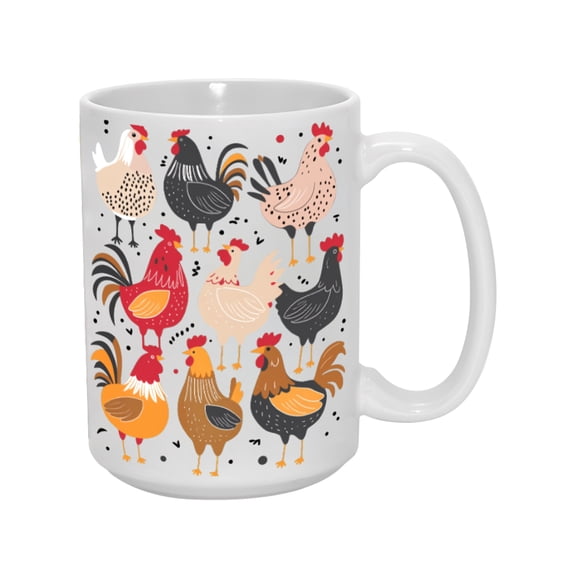 15oz Colorful Rooster & Chicken Pattern Mug - Farmhouse Ceramic Coffee Cup with Whimsical Hen Design, Perfect Gift for Poultry Lovers