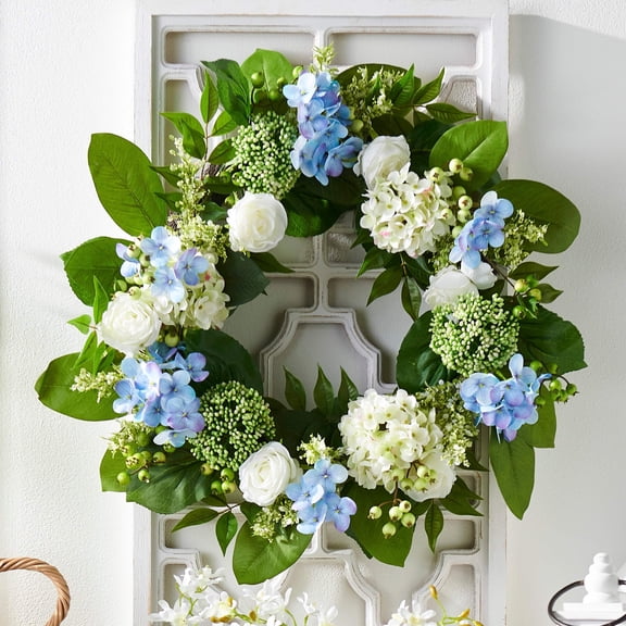 RAZ Imports 24" Blue Hydrangea and White Rose Summer Wreath for Fourth of July