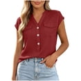 thumbnail image 3 of ClodeEU Women's V Neck Cap Sleeve Henley Blouse,Casual Solid Color Button Top Red,Women's Plus M, 3 of 7
