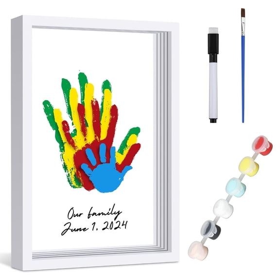 Clear Family Handprint Frame,Happon DIY Art Print Keepsake Frame, DIY Baby Hand and Footprint Wooden Frame,Family Gifts with 6 Non-Toxic Baby-Safe Paint, Ideas Gift for New Parents Couple Friends