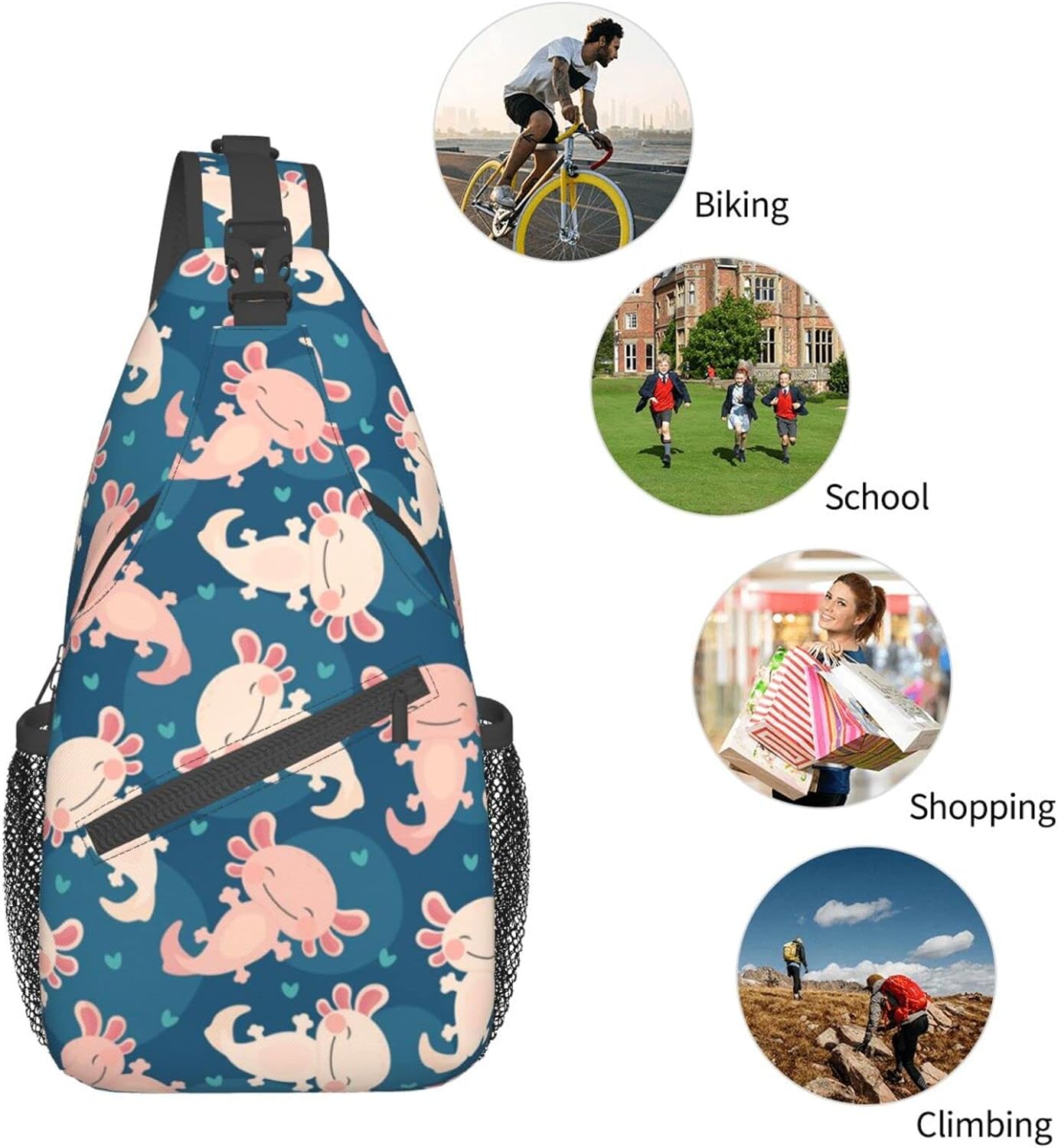 Cute Axolotl Kawaii Pattern Sling Bag Crossbody Hiking Travel Chest Bags Backpack Shoulder Daypack for Women Men