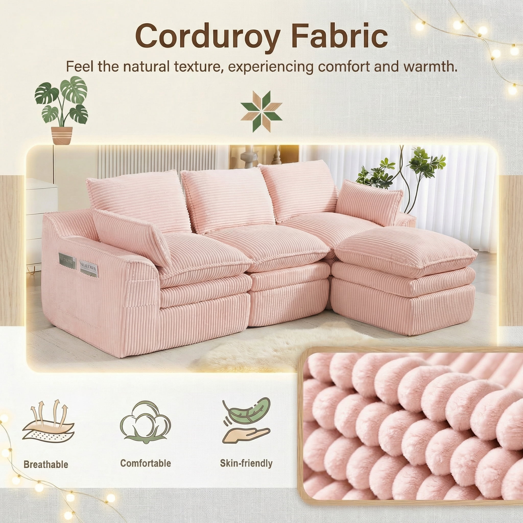 104" Modern Modular L-Shaped Sectional Cloud Sofa, Compressed Corduroy Floor Couch with Movable Ottoman