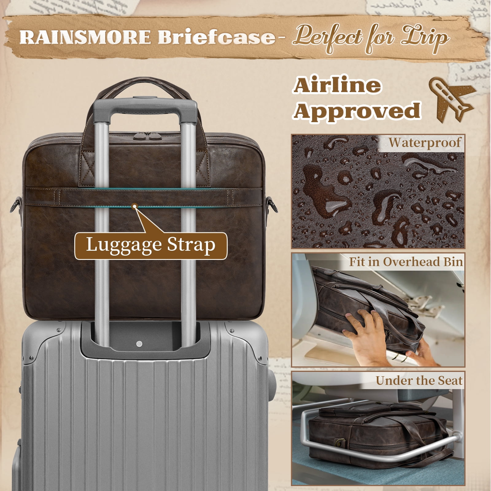 RAINSMORE 15.6 Inch Messenger Bag for Men Vintage PU Leather Laptop Bag Waterproof Computer Briefcases for Men Retro Mens Briefcase Satchel Bag for Work Office Business Travel,Coffee