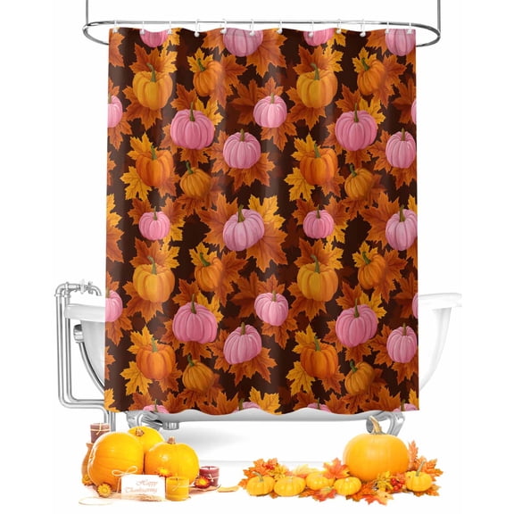 Fall Shower Curtain Pink Pumpkins Bathroom Curtains with Hooks, Waterproof Fabric Burnt Orange Autumn Maple Leaves Thanksgiving Bath Shower Curtains Set for Bathroom Bathtubs Decor 36x72 Inch