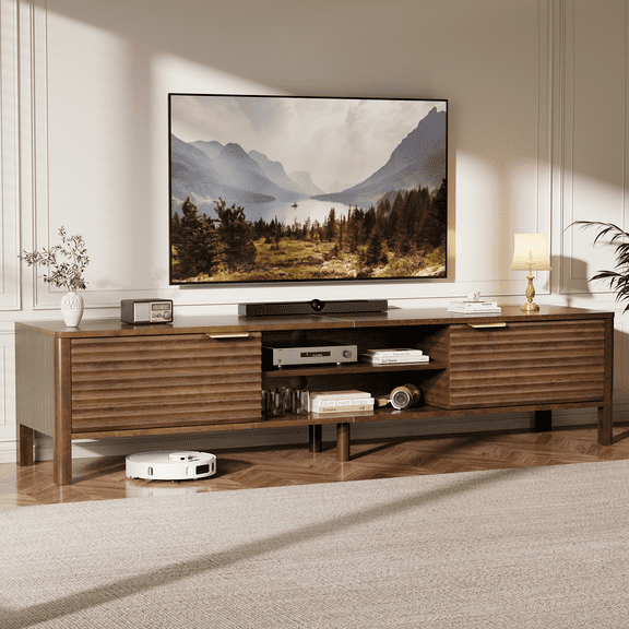 Domusio Fluted TV Stand for TVs up to 85" Modern Media Console with Open Storage Entertainment Center for Living Room, Walnut