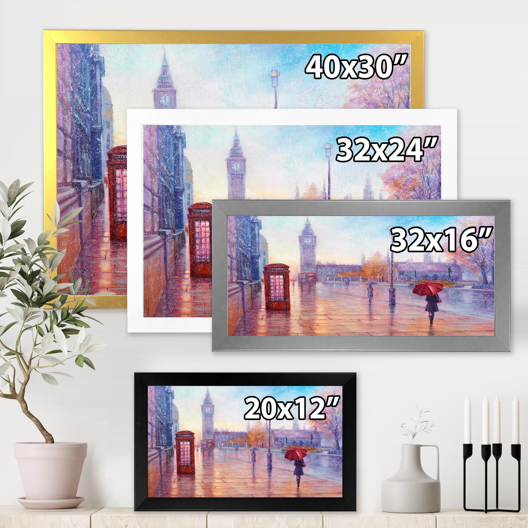 Designart 'Big Ben and Woman With Red Umbrella In London Street' French Country Framed Art Print